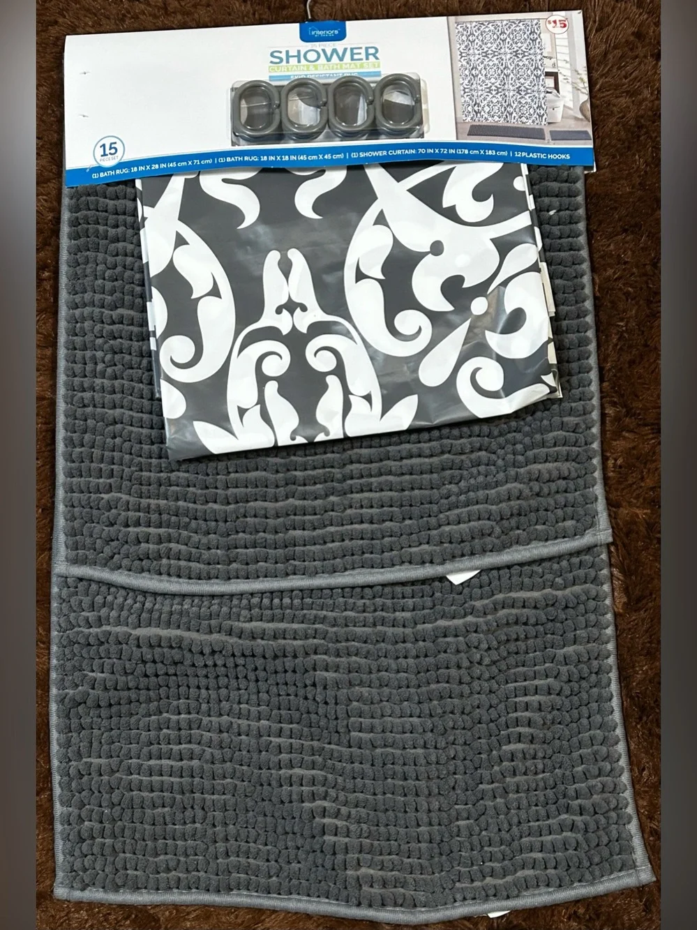 NEW Interior Designs Gray 15 piece shower curtain and accent rugs